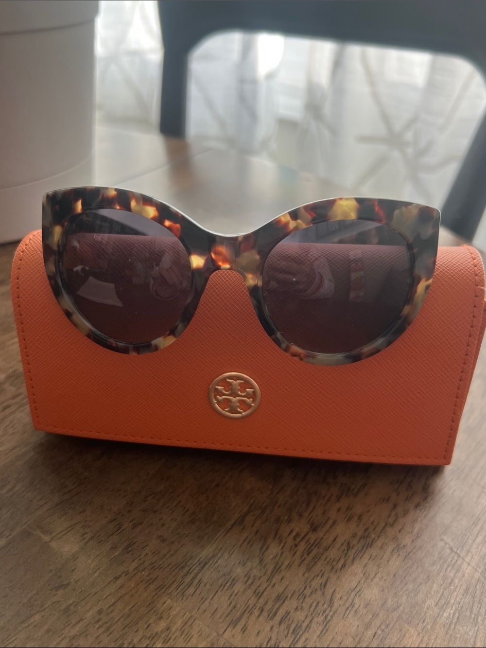 Tory Burch Tortoiseshell Cat Eye Sunglasses with Orange Case
